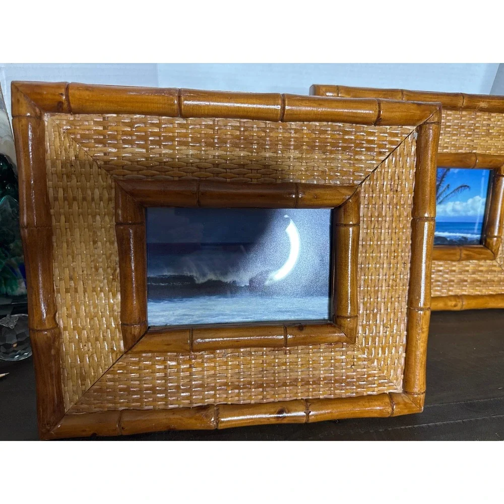 Vintage Bamboo Style Wood and Woven Rattan 4x6 Picture Frames Set of 2 Coastal